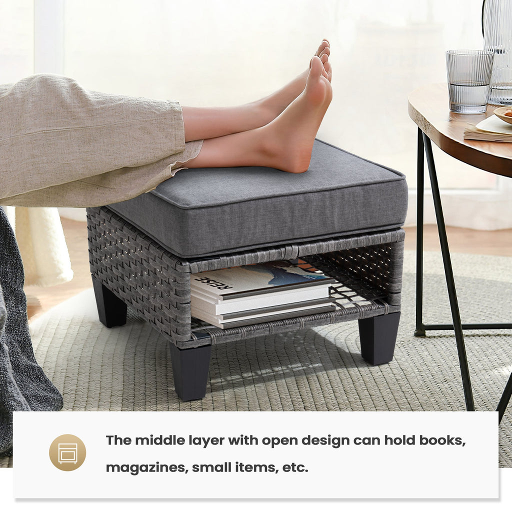 Gray 2 PCS Wicker Ottoman with Cushions Y897233