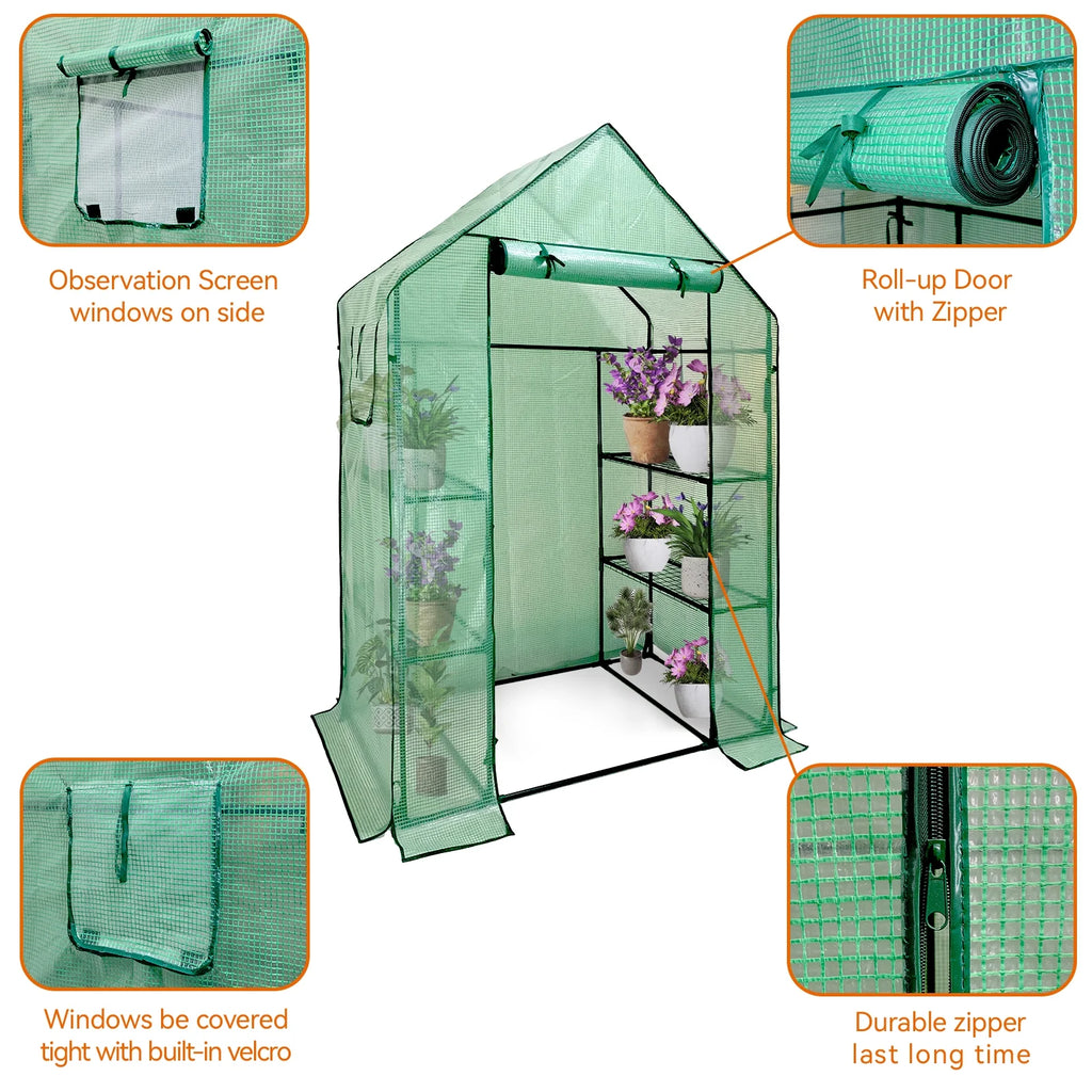 Walk-In Greenhouse Kit with Cover, 3 Tiers 6 Shelves, Portable Greenhouse with Observation Windows, PE Door, Ground Pegs & Ropes Y491