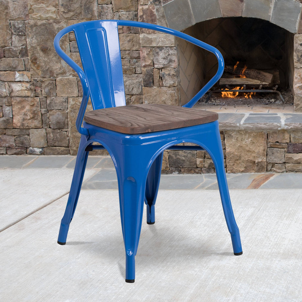Blue Metal Chair with Wood Seat and Arms P628526