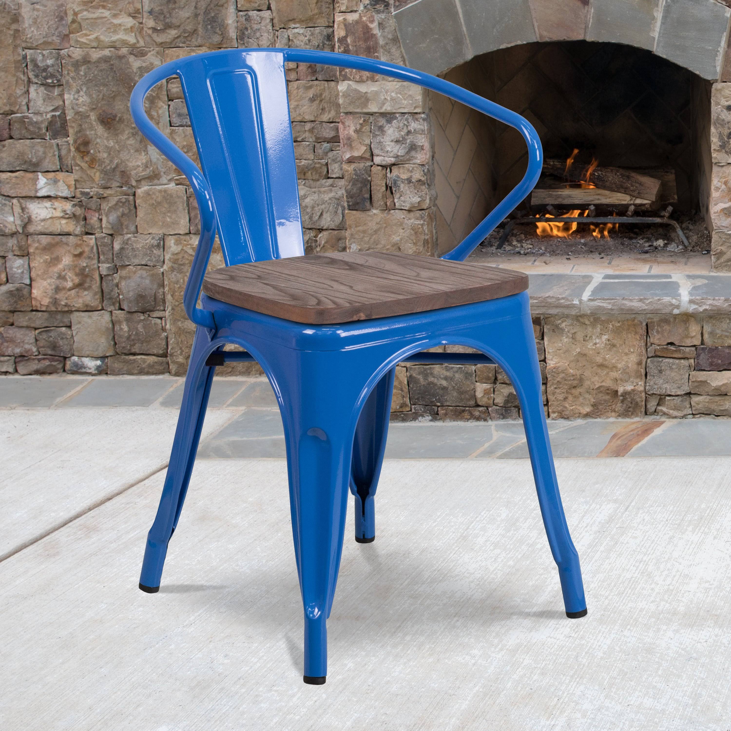 Blue Metal Chair with Wood Seat and Arms P628526