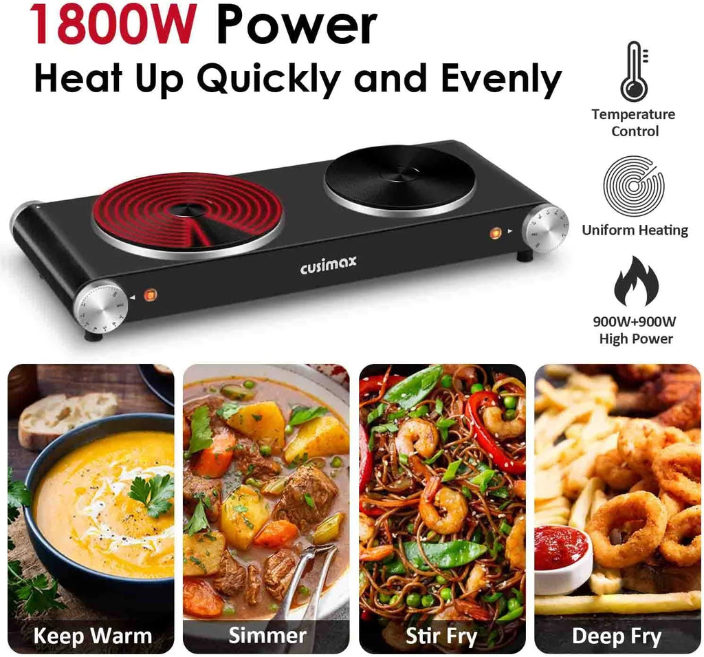 1800W Portable Electric Double Burner Cast Iron Cooktop with 7 Power Levels Q134