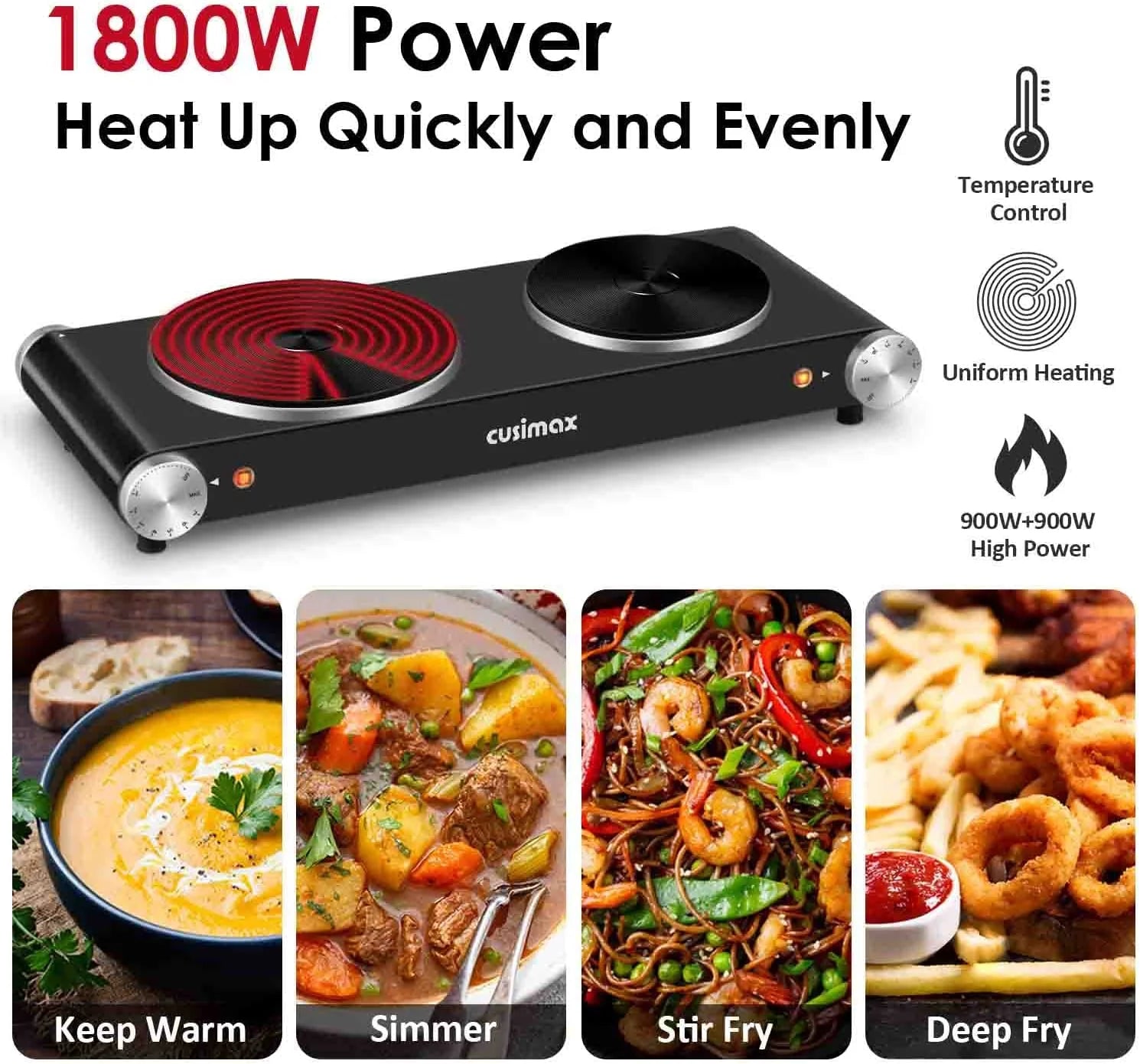 1800W Portable Electric Double Burner Cast Iron Cooktop with 7 Power Levels Q134