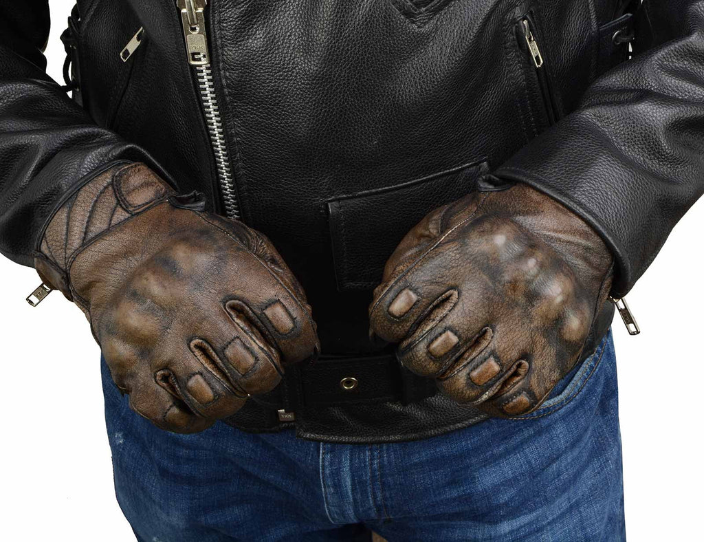 Brown Leather Motorcycle Gloves with Protective Knuckle X198