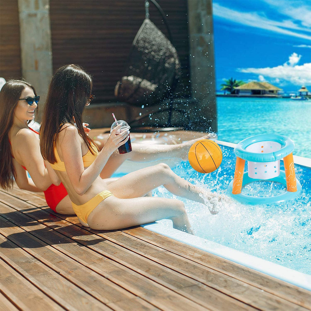 Volleyball Net & Basketball Hoops Pool Float Set L162939