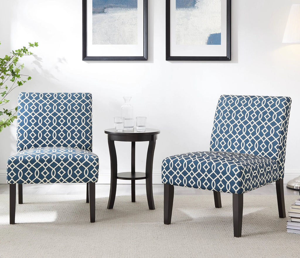 3pc Blue Fabric Upholstered Side Table and 2 Chairs U489