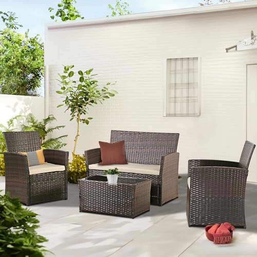 Brown Wicker 4 Piece Rattan Sectional Sofa Set with Table and Loveseat X39959
