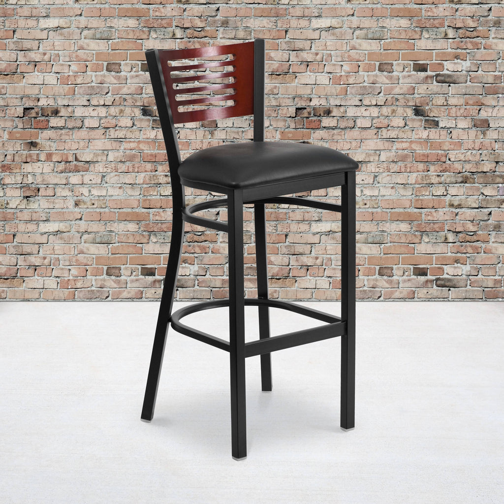 Mahogany Wood Back Black Vinyl Seat Metal Barstool I4258