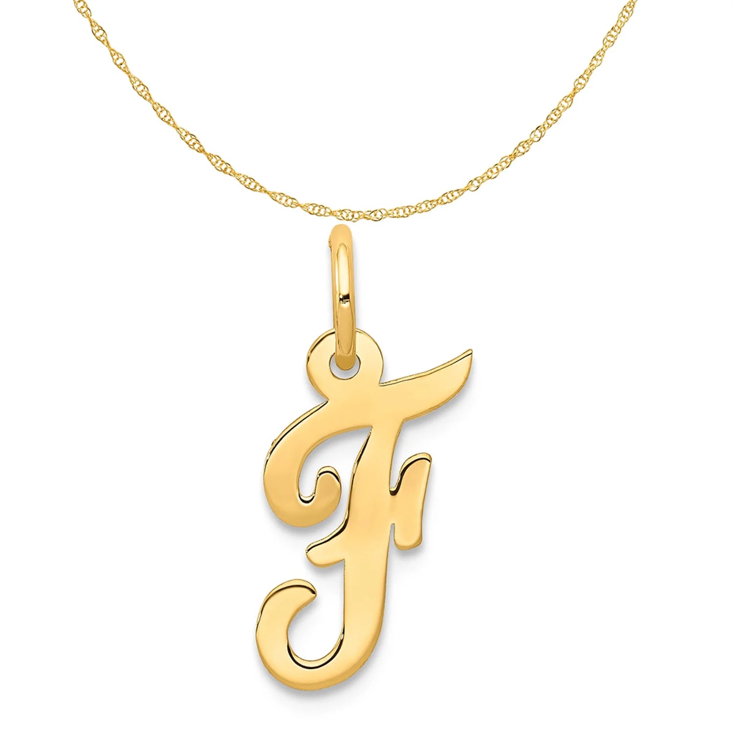 14K Yellow Gold Script Letter F Initial Pendant Charm With 10K Yellow Gold Rope Chain Necklace 20'' J5412