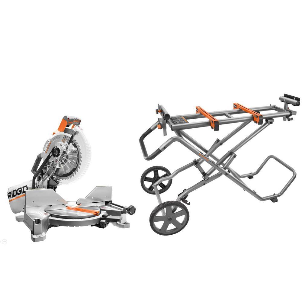 15 Amp 10 in. Dual Miter Saw with LED Cut Line Indicator with Universal Mobile Miter Saw Stand with Mounting Braces J433702