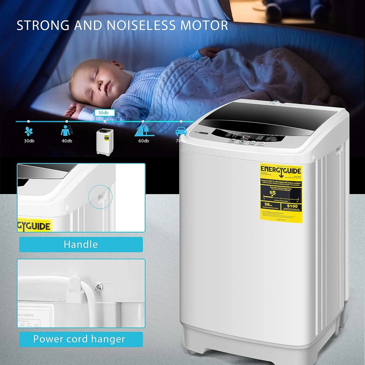 Full-Automatic Washing Machine with Built in Drain Pump Spin Dryer, 1.32cu.ft 13 lbs Capacity Q272018