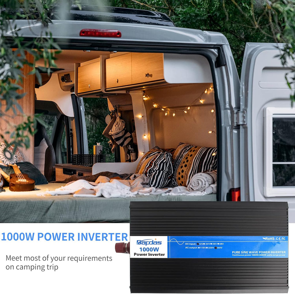 1000W Pure Sine Wave Power Inverter DC 12V to AC 110V with 4 AC Outlets and 1 USB Port H6755