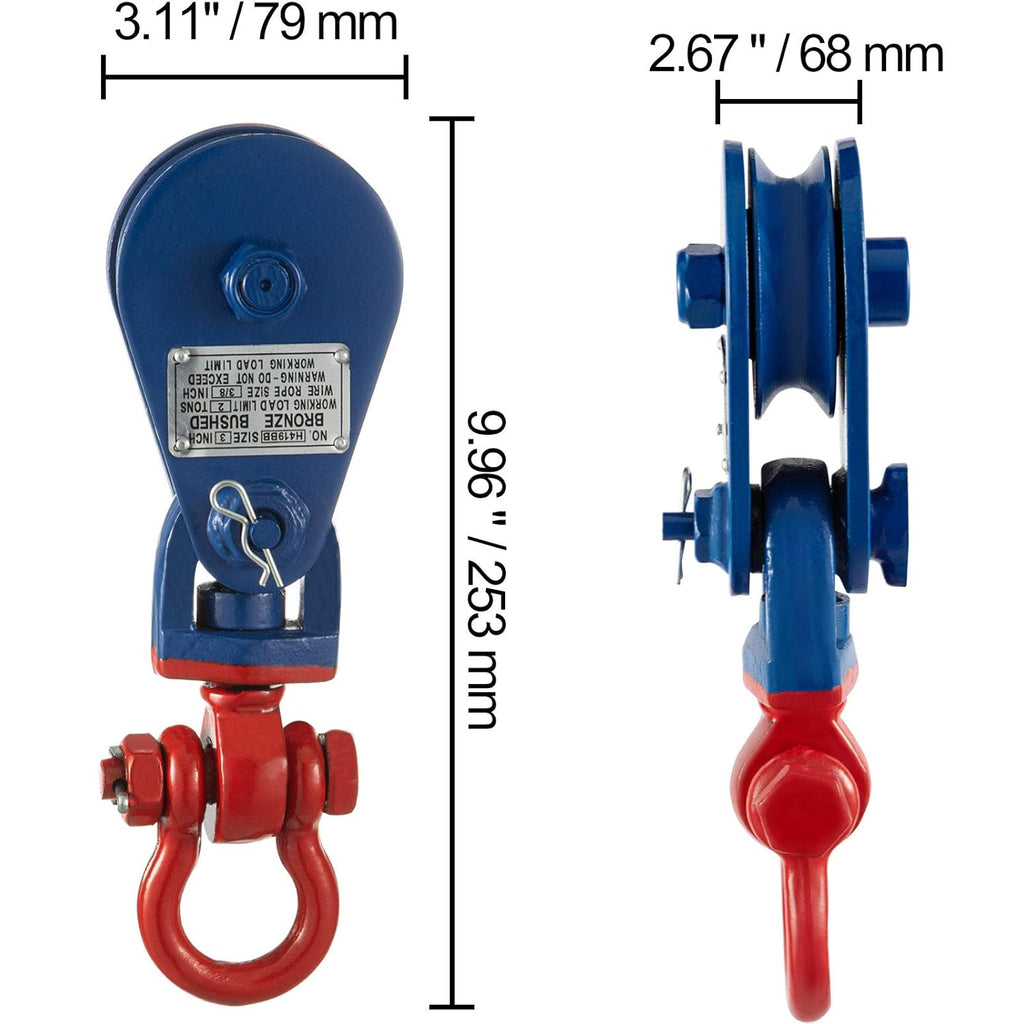 2ton Snatch Block with Chain, 4400 lbs Capacity, 3'' Single Sheave Block w/Swivel Hook, G70 Chain, Fit 3/8'' Wire Cable, Pack of 2 I309494