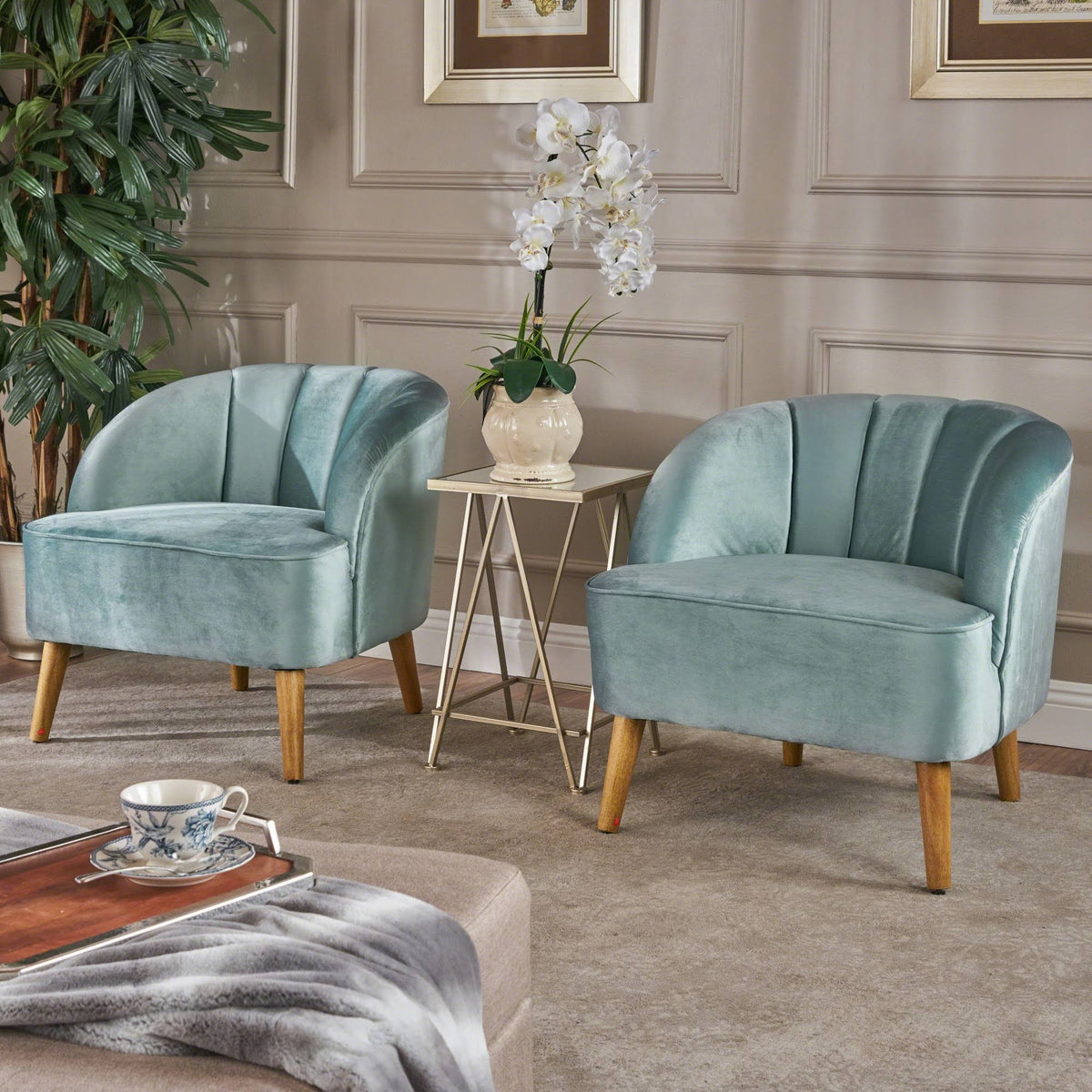 Seafoam Blue Velvet Club Chair Set of 2 K29589
