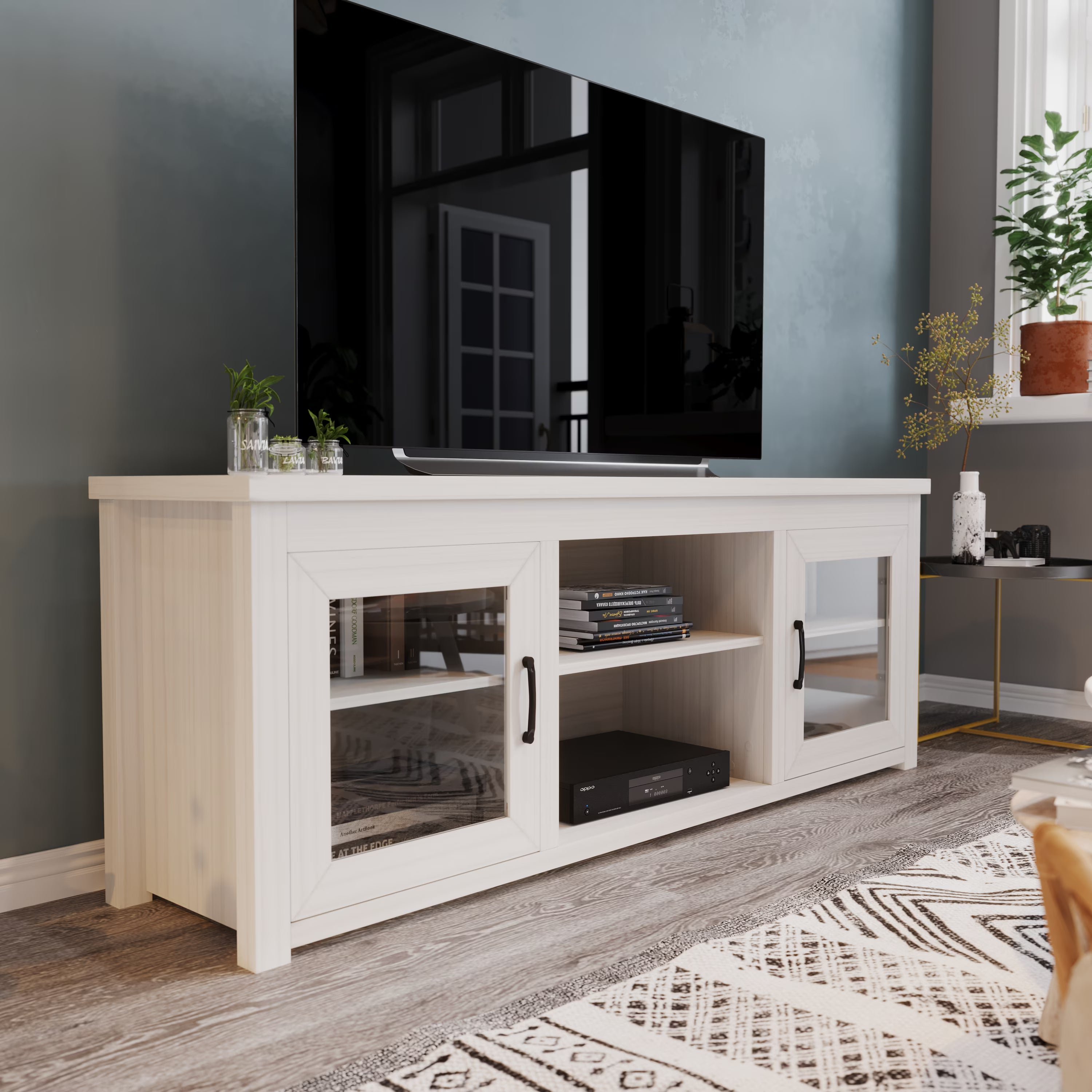 White Wash 65" TV Stand with Glass Doors and 3 Shelves V453235