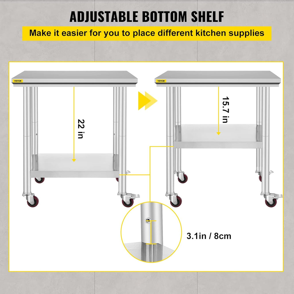 Stainless Steel Work Table with Wheels 24 x 30 x 32 Inch E1255