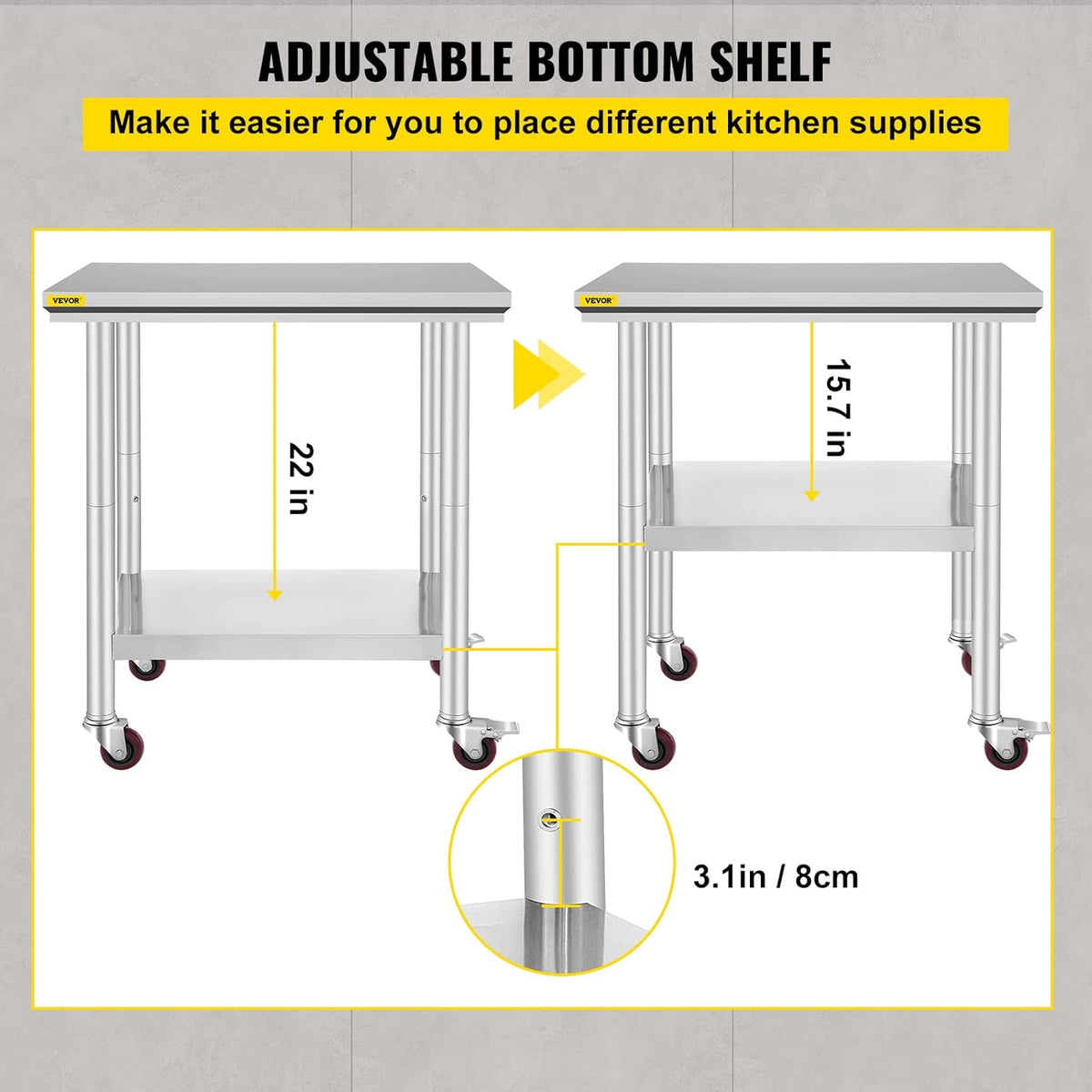 Stainless Steel Work Table with Wheels 24 x 30 x 32 Inch E1255