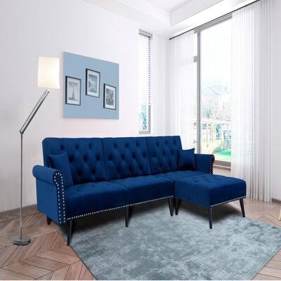 Navy Blue Velvet Convertible Sofa Bed Sleeper I1202