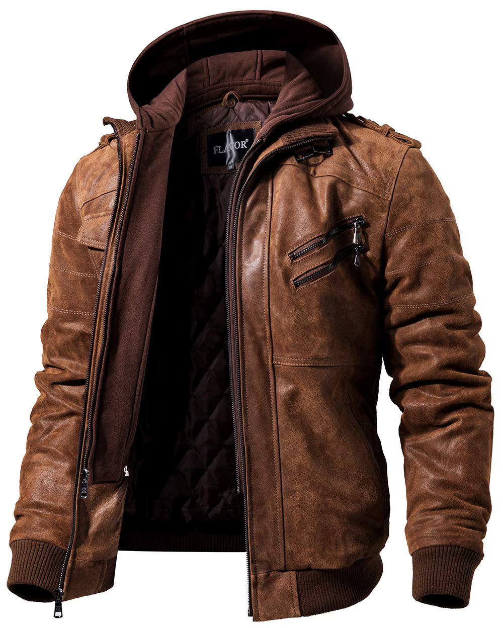 Brown Real Leather Jacket with Removable Hood X42432