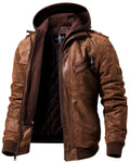 Brown Real Leather Jacket with Removable Hood X42432