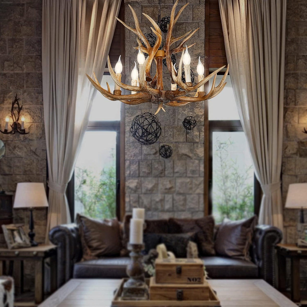 Antler Chandelier 6 Light Large Faux Resin Brown T7469
