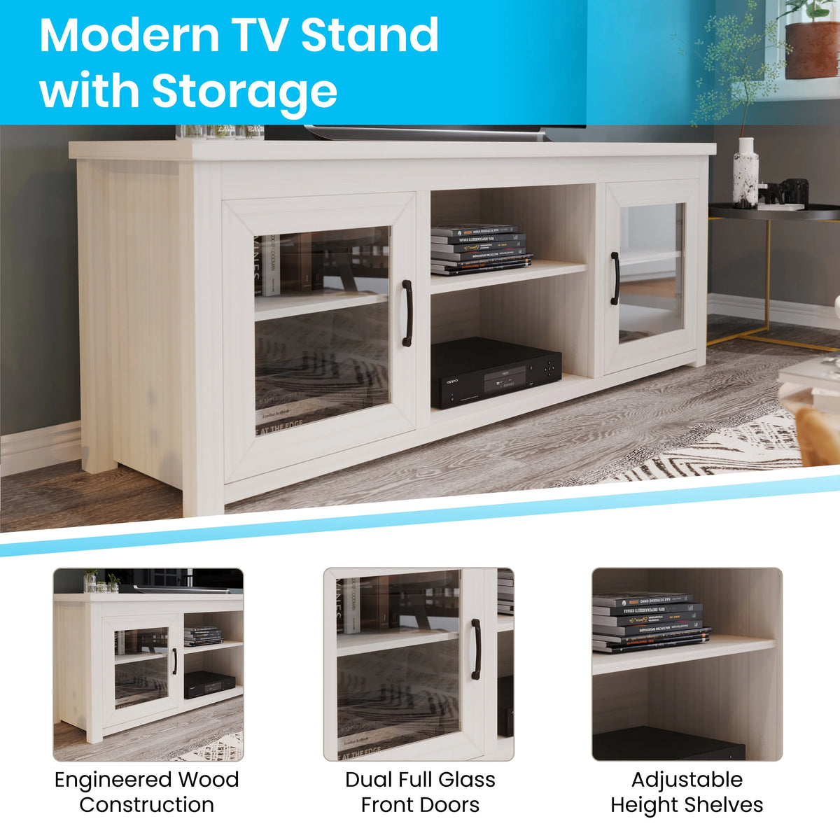 White Wash 65" TV Stand with Glass Doors and 3 Shelves V453235