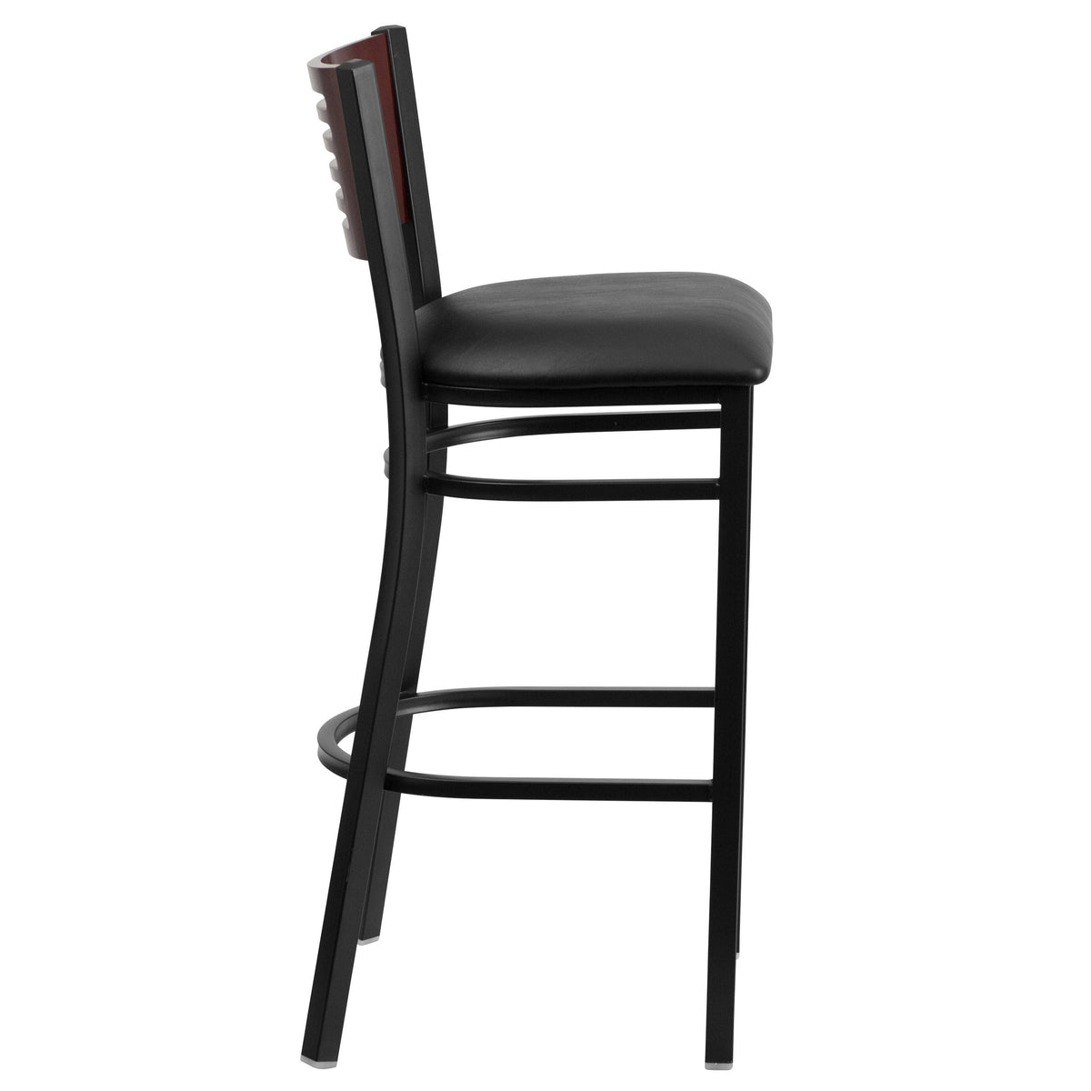 Mahogany Wood Back Black Vinyl Seat Metal Barstool I4258