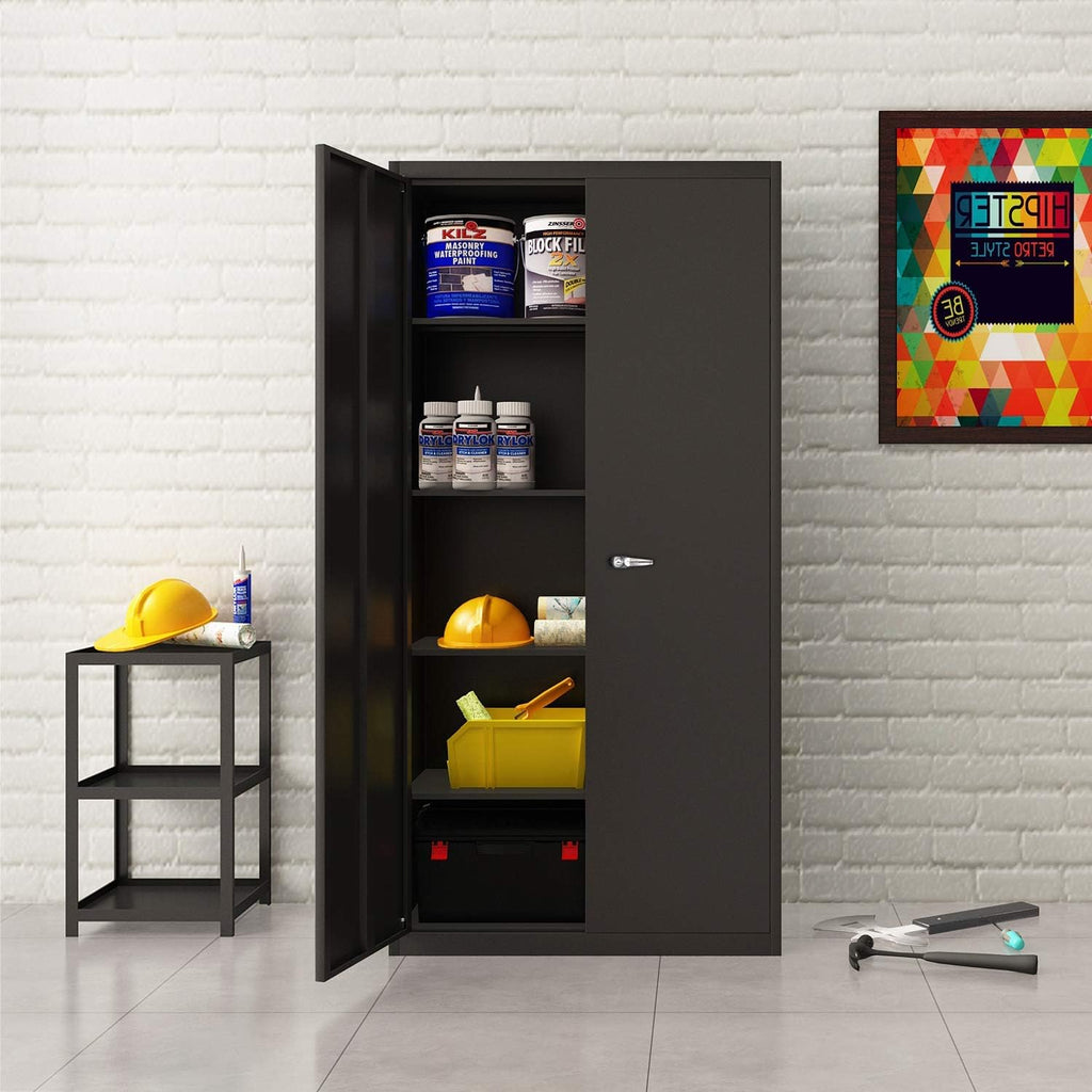 Black Metal Storage Cabinet with 4 Adjustable Shelves and 2 Locking Doors W597