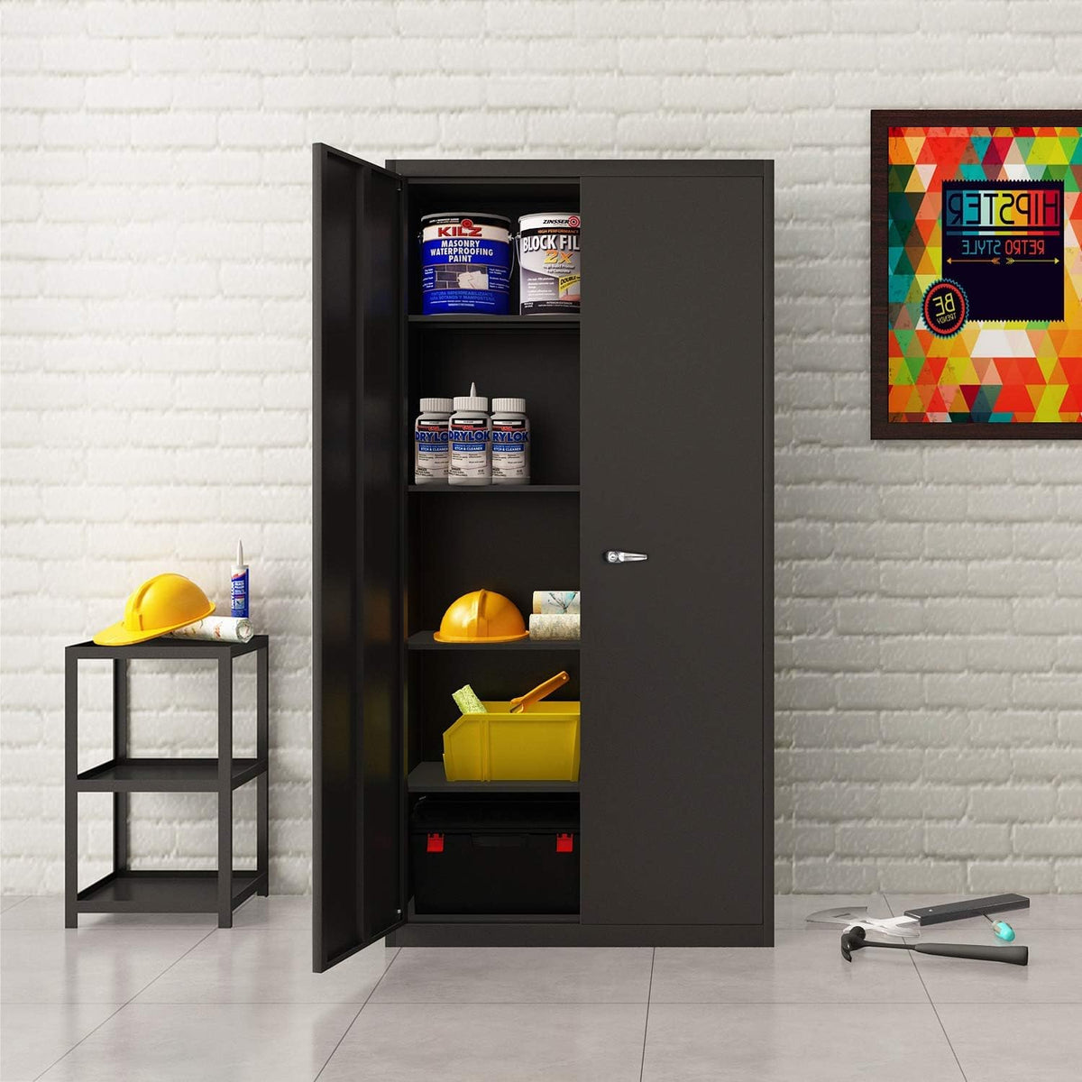 Black Metal Storage Cabinet with 4 Adjustable Shelves and 2 Locking Doors W597