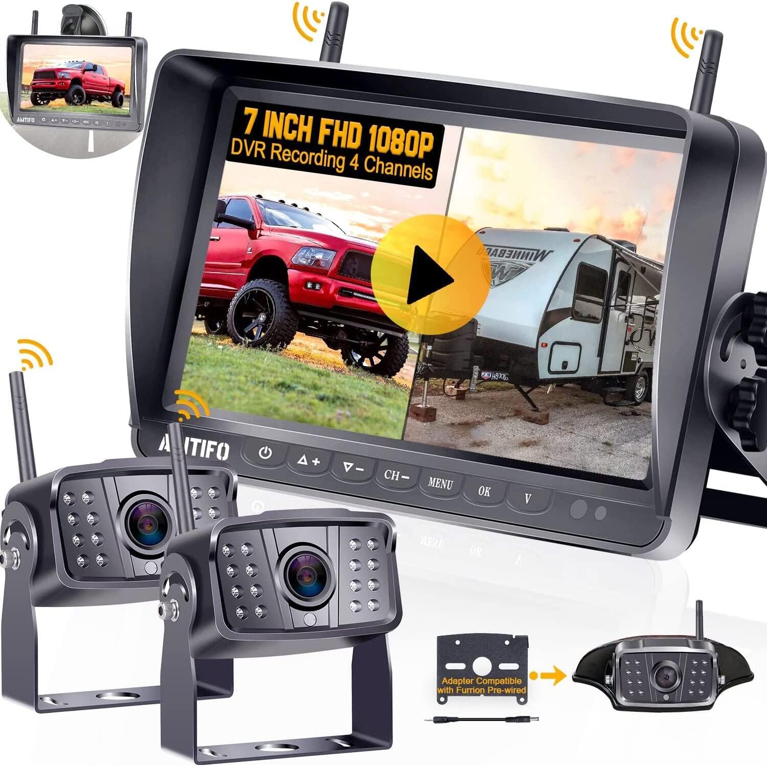 7 Inch DVR Monitor Wireless HD 1080P Backup Camera System U382