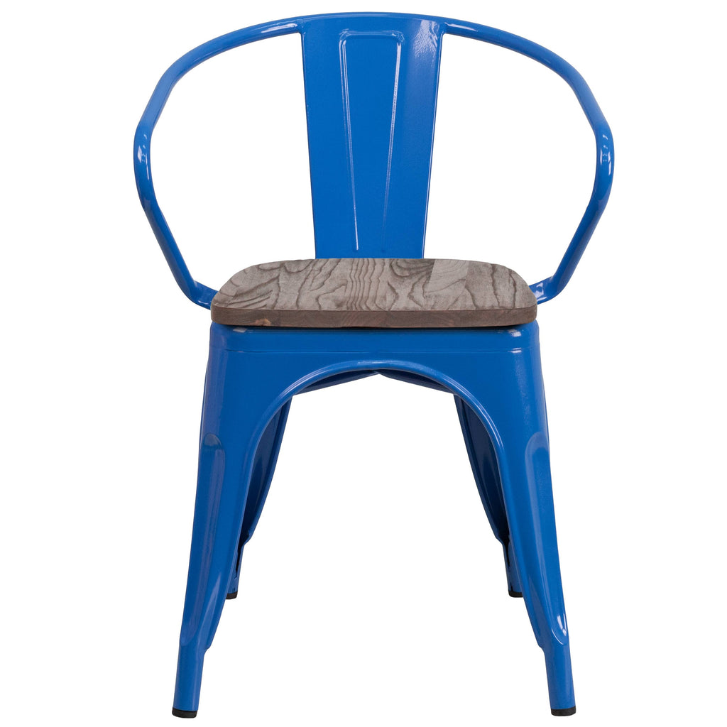 Blue Metal Chair with Wood Seat and Arms P628526