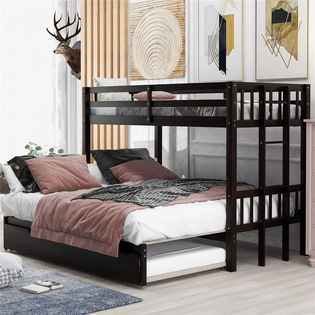 Twin Over Twin/King Wooden Bunk Bed with Trundle and Ladder C833519