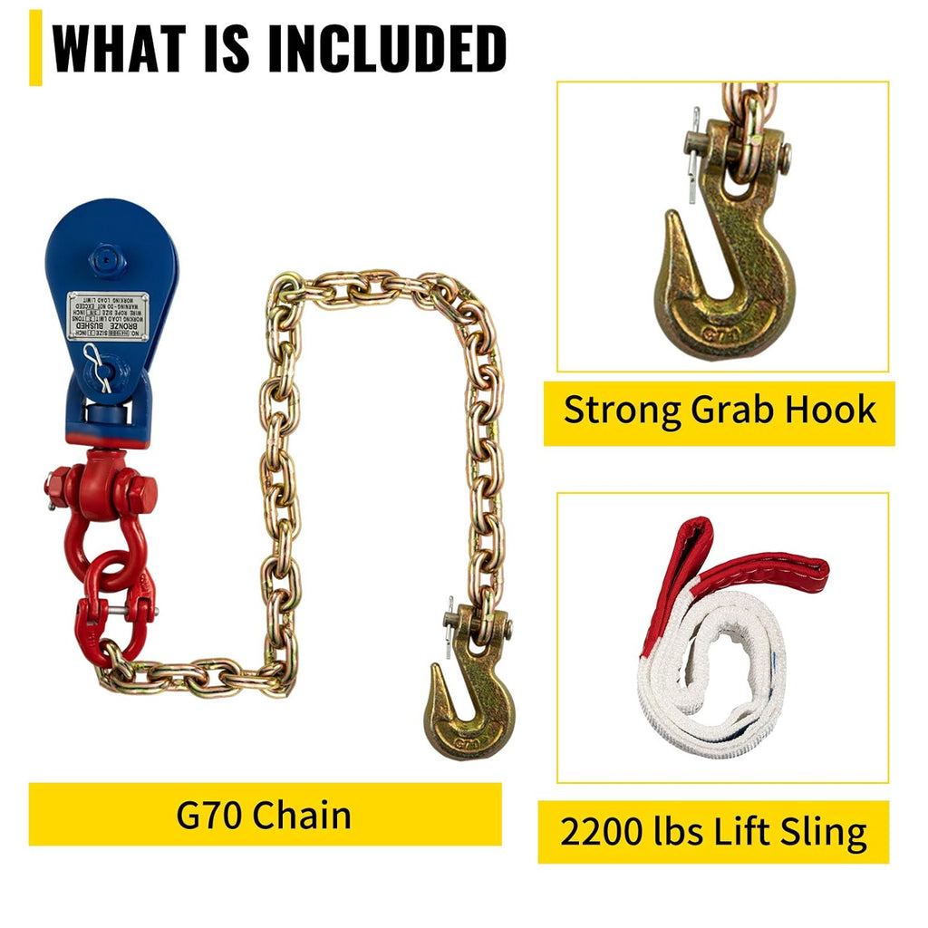 2ton Snatch Block with Chain, 4400 lbs Capacity, 3'' Single Sheave Block w/Swivel Hook, G70 Chain, Fit 3/8'' Wire Cable, Pack of 2 I309494