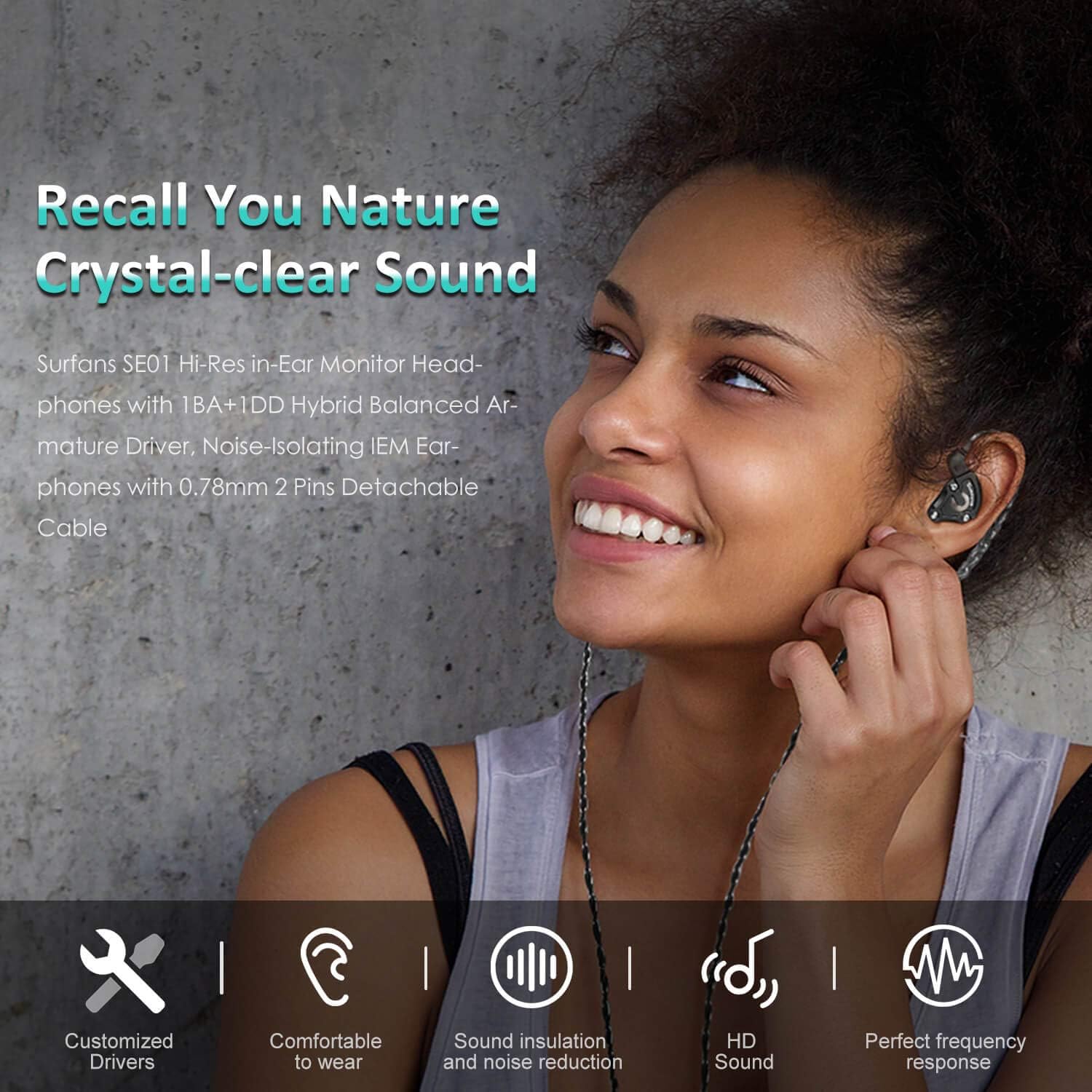 IEM Headphone, Hybrid Driver Wired Earbuds with Detachable Cable J320