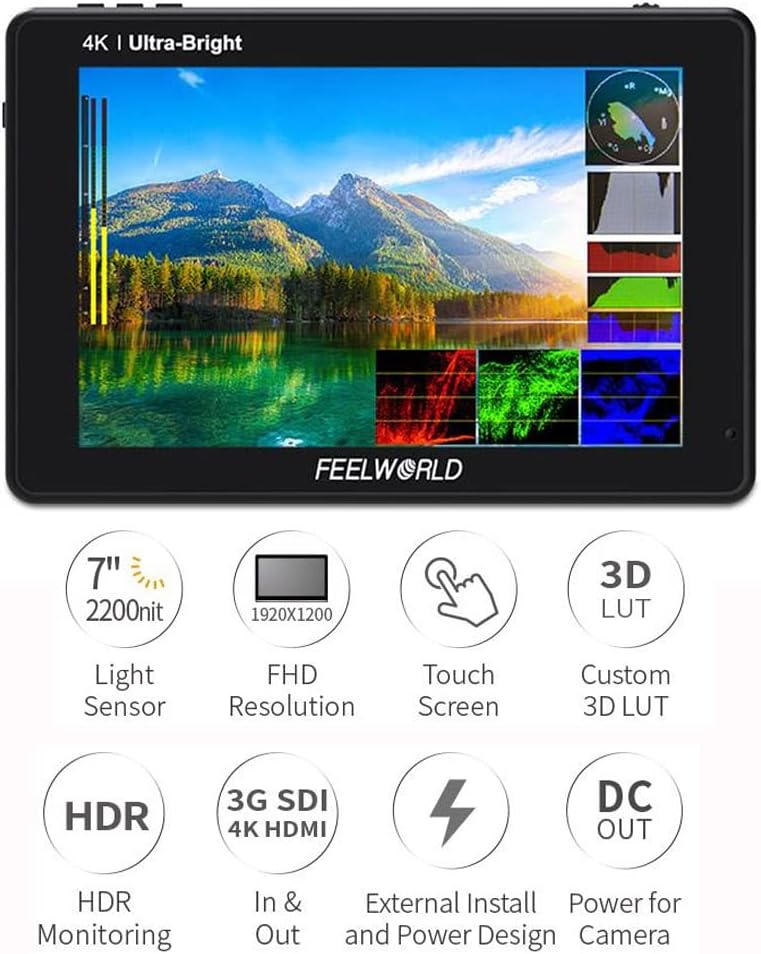 7 Inch 2200nits Touch Screen HDR Camera Field Monitor with F970 External Power and Install Kit Q334