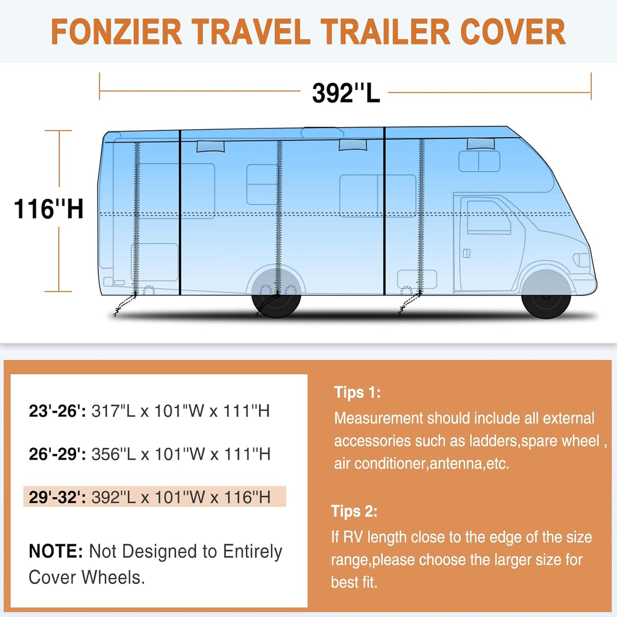 6 Layers RV Cover for 29’-32’ Motorhome with 2Pcs Extra Straps & Gutter Spout Covers I92202