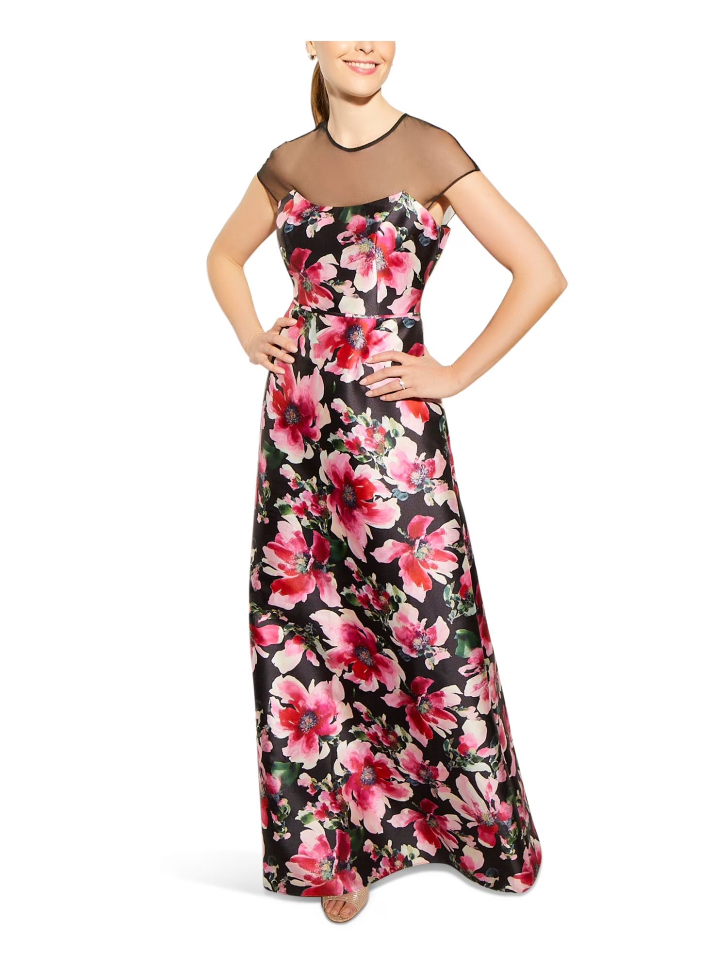 Pink Floral Cap Sleeve Crew Neck Full-Length A-Line Dress C94508