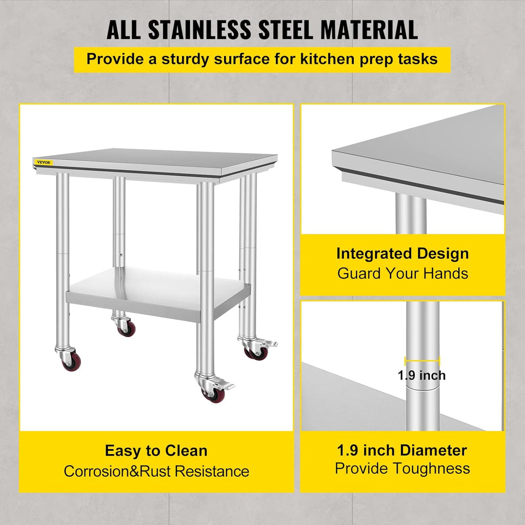 Stainless Steel Work Table with Wheels 24 x 30 x 32 Inch E1255