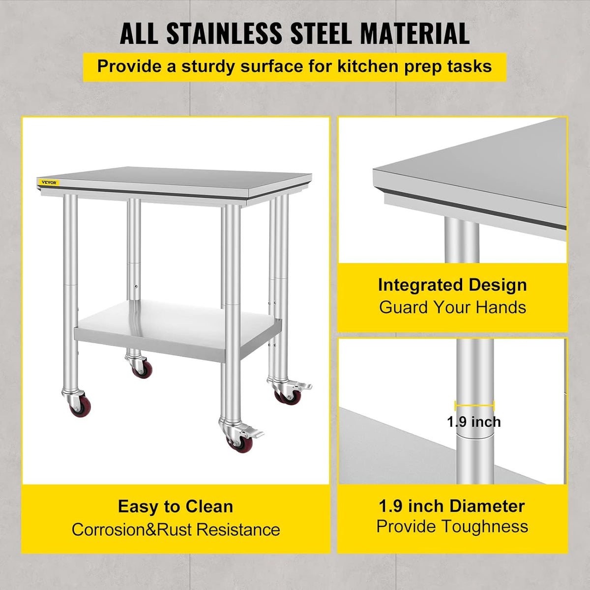 Stainless Steel Work Table with Wheels 24 x 30 x 32 Inch E1255
