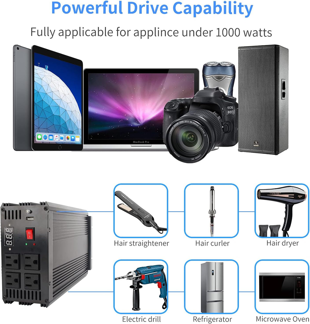 1000W Pure Sine Wave Power Inverter DC 12V to AC 110V with 4 AC Outlets and 1 USB Port H6755