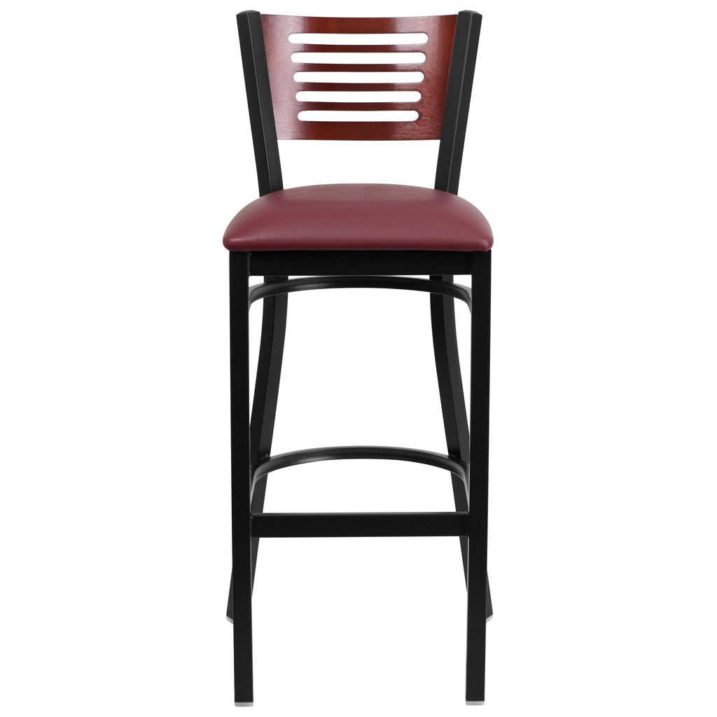 Mahogany Wood Back Black Vinyl Seat Metal Barstool I4258