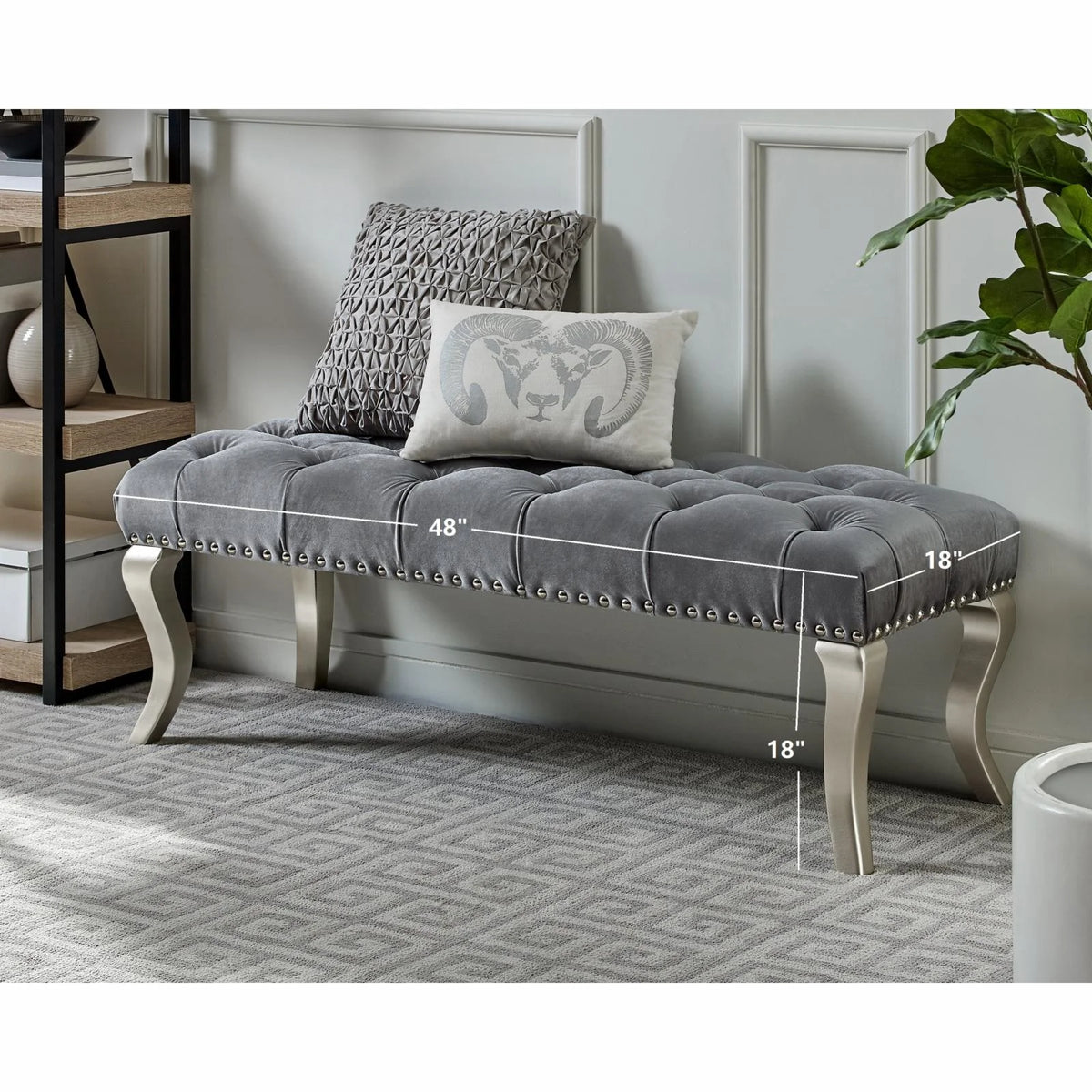 Gray Fabric Upholstered Bench with Nailhead Y128259