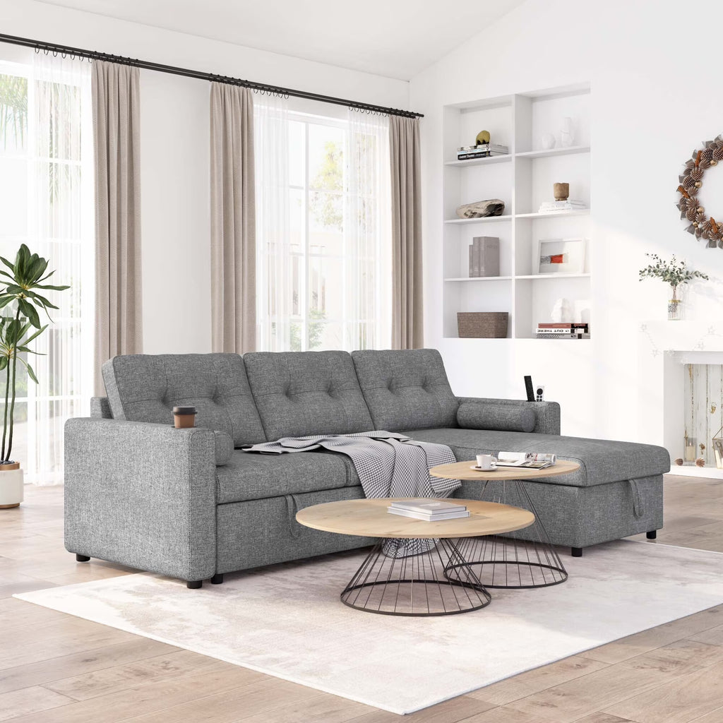 Green 3 Seater Linen Fabric Sofa Bed with Storage Chaise U145
