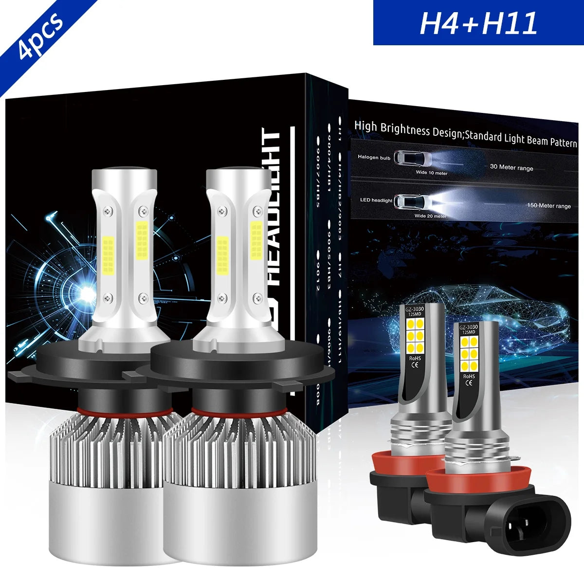 H4 High&Low Beam H11 Fog Light LED Headlight Bulbs Kit 4pcs S88362