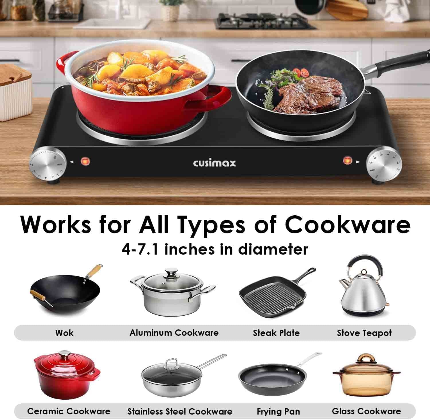 1800W Portable Electric Double Burner Cast Iron Cooktop with 7 Power Levels Q134