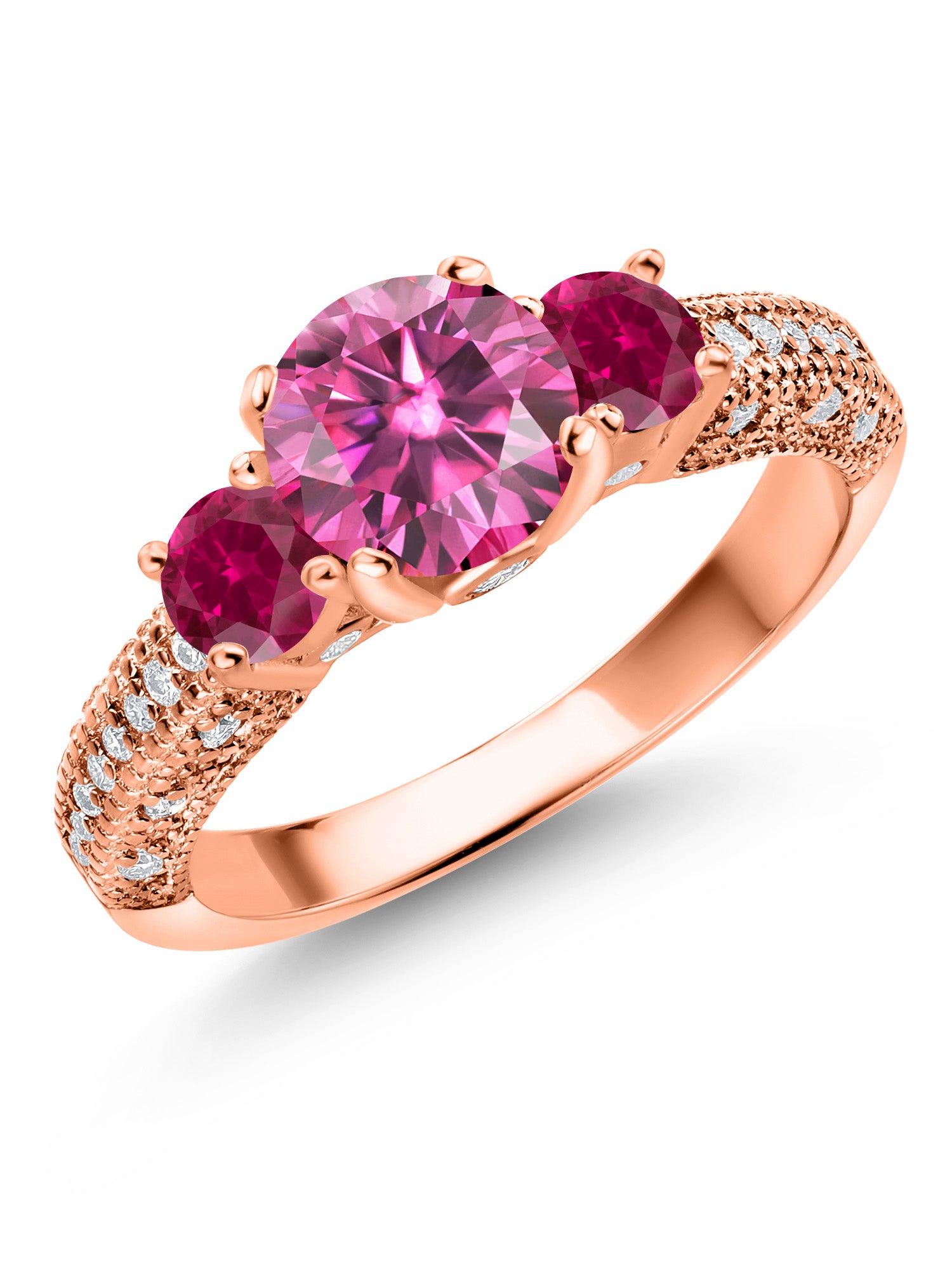 18K Rose Gold Plated Silver Pink Moissanite Red Created Ruby and White Moissanite Engagement Ring U61879