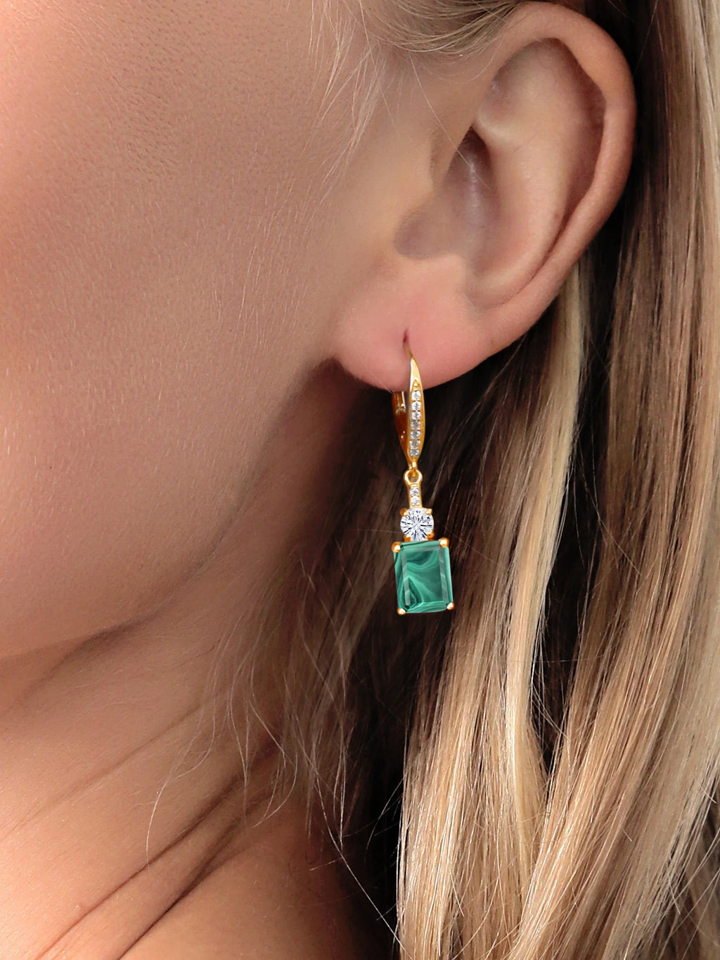 18K Yellow Gold Plated Silver Green Malachite White Moissanite and White Topaz Dangle Earrings C833