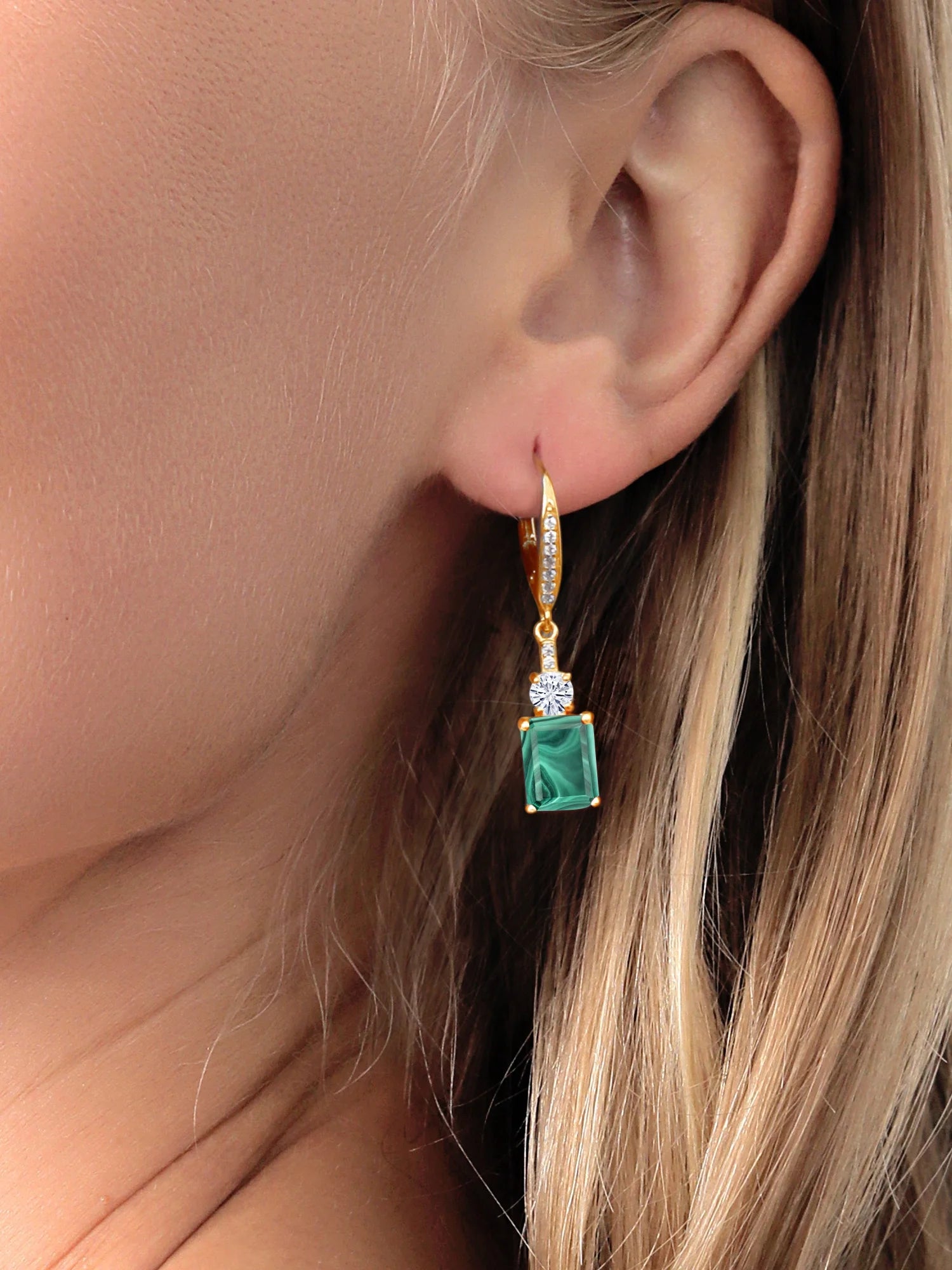 18K Yellow Gold Plated Silver Green Malachite White Moissanite and White Topaz Dangle Earrings C833