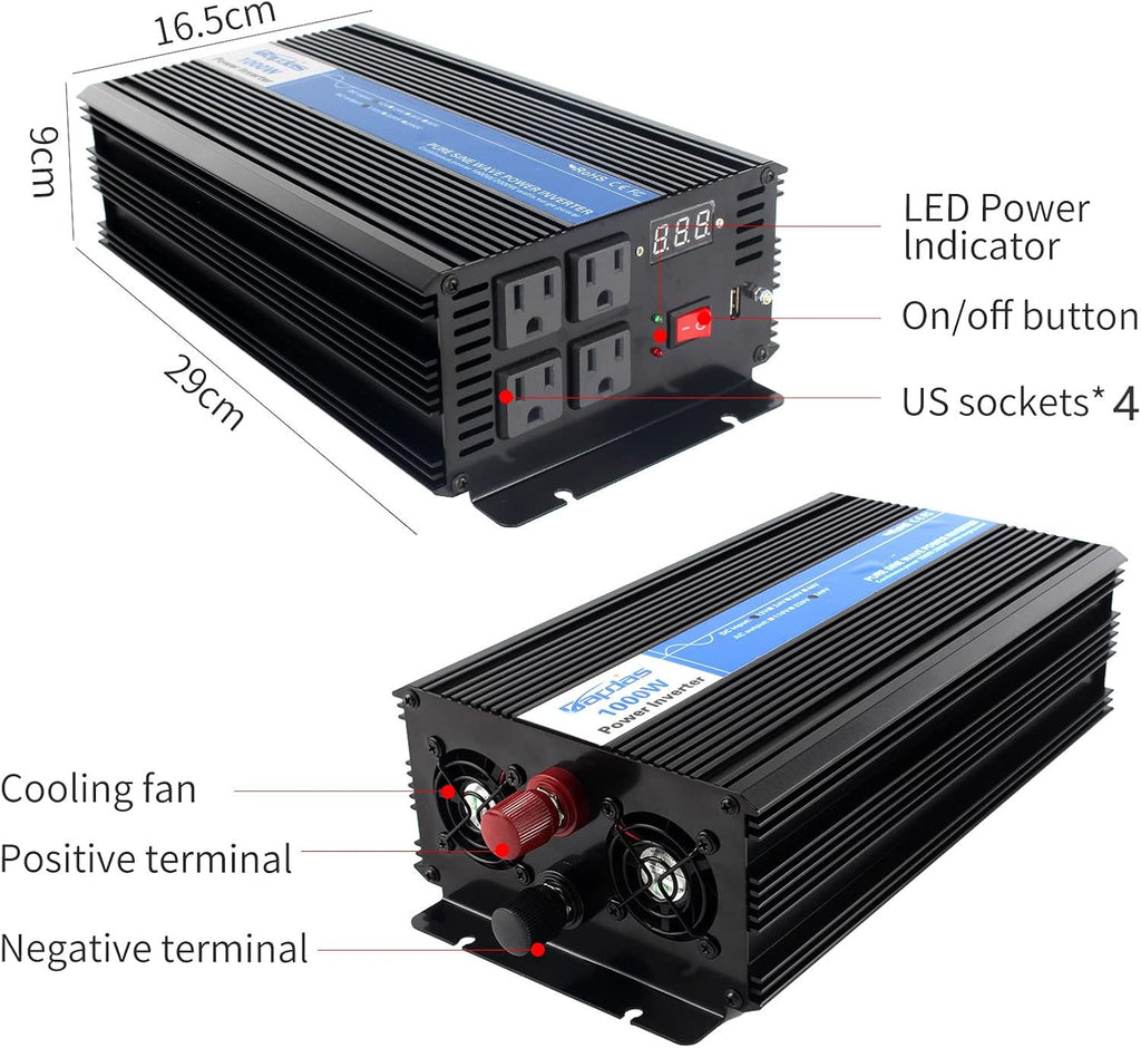 1000W Pure Sine Wave Power Inverter DC 12V to AC 110V with 4 AC Outlets and 1 USB Port H6755