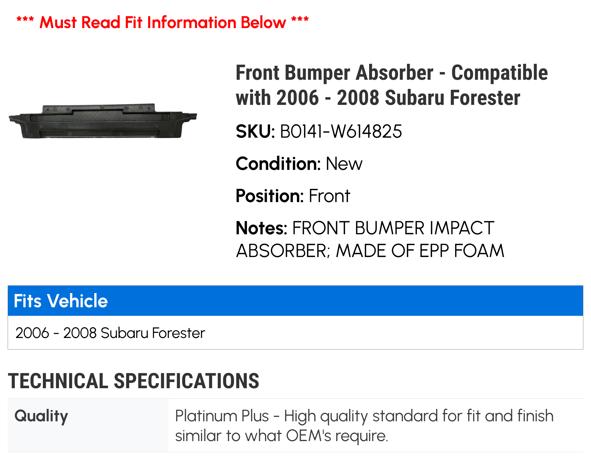 Front Bumper Absorber for 2006-2008 Subaru Forester I1335
