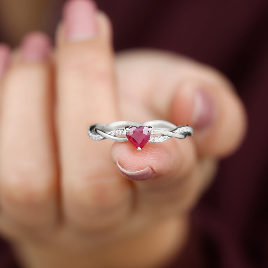 Heart Shape Ruby Solitaire Engagement Ring with Diamond, 925 Sterling Silver G964113